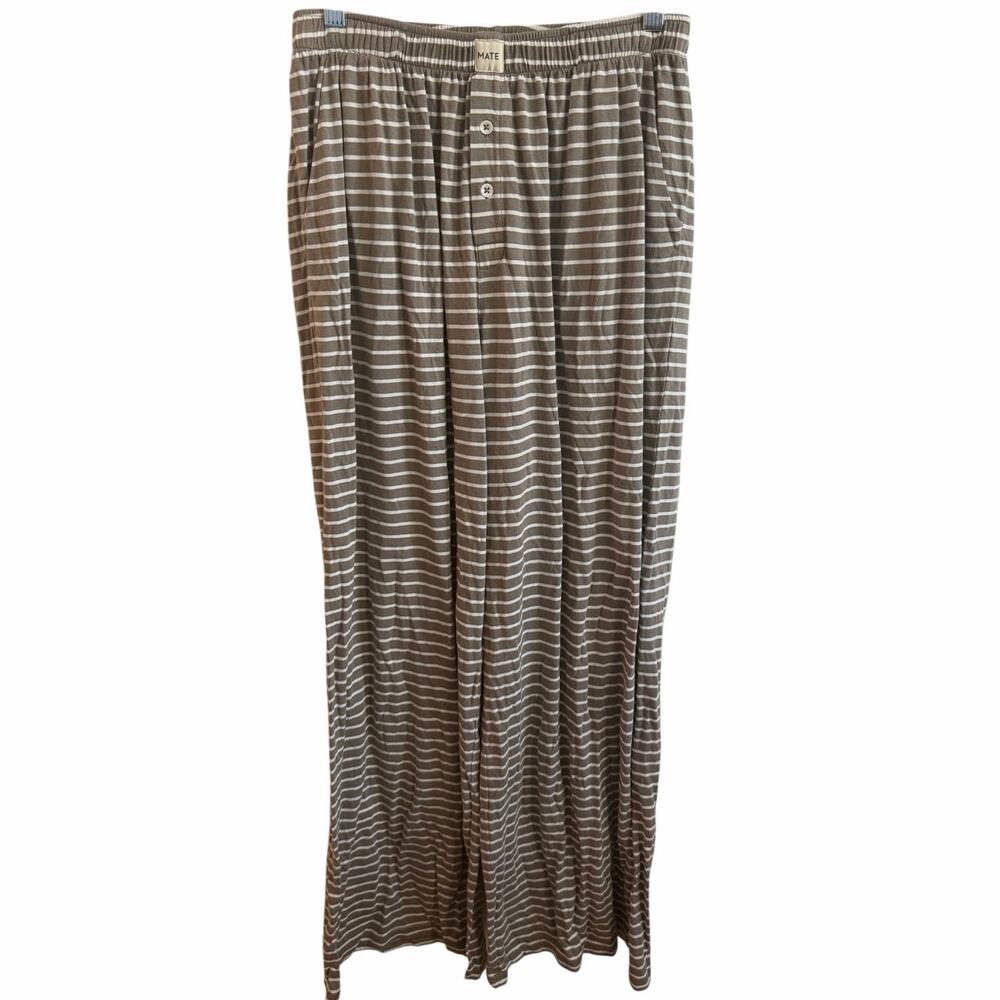 Mate The Label NWT Tencel Sleep Striped Wide Leg Pants Sz S Taupe Brown White
